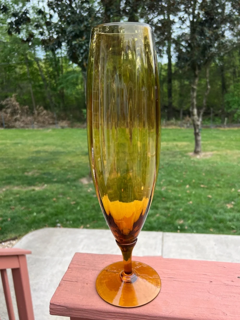 Tall Amber Glass Stem Vase 16.5” Mid Century Modern Decor Optic Panel